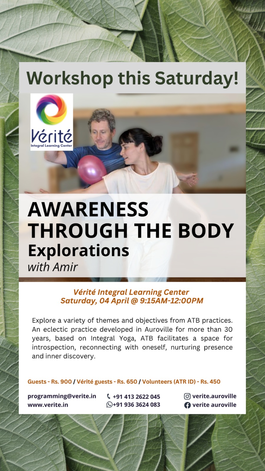 *Awareness Through the Body: Explorations* with *Amir* 🗓️ Sat 4th Apr 2026 🕒 9:15 am to 12:...