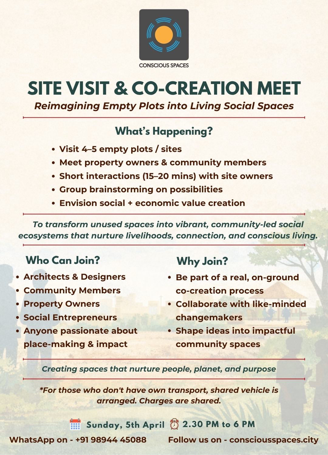 Conscious Spaces Presents Site Visit & Co-Creation Meet Reimagining empty plots into social s...