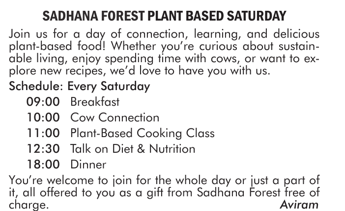 SADHANA FOREST PLANT BASED SATURDAY